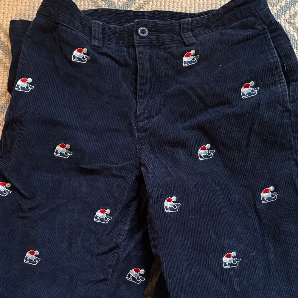 EUC Vineyard Vines Kids Navy Corduroy Pants with Holiday Whale Embroidery Sz 12